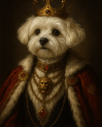The Royal King – Özel Tasarım Evcil Hayvan Tuvalinde, altın taç ve altın zincirler, mücevherler ve aslan madalyonu ile süslenmiş kraliyet kırmızısı cüppe giymiş kabarık beyaz bir köpek, dramatik bir arka plan önünde asil bir pozda resmedilmiştir — mükemmel bir özel evcil hayvan sanatı.