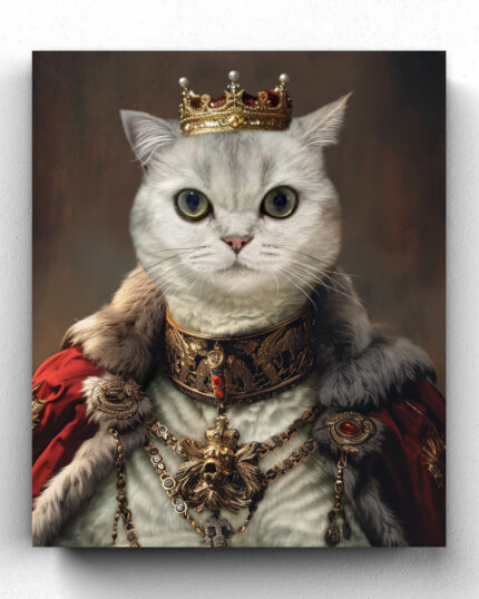 The Royal King – Custom Design Pet Canvas features a majestic white cat in a golden crown, ornate robe, and jewelry, captured in a royal portrait style against a dark background—ideal for custom pet art.