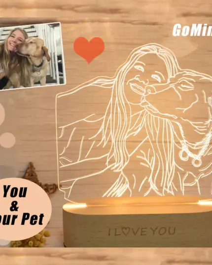 The Customized Pet Lamp Design features a line drawing of you and your dog from your photo on an "I LOVE YOU" base, with "You & Your Pet" and "GoMine" text, inspired by our custom pet canvas style.