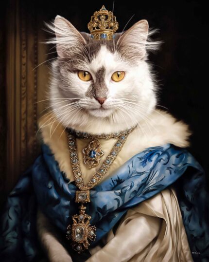Asil Kedi Zarafeti Sergileniyor - Özel Kraliyet Evcil Hayvan Portresi: mücevherli taç, süslü kolye ve mavi-beyaz cüppe giymiş beyaz ve gri bir kedi, koyu ve zarif bir arka plan önünde poz veriyor — özel evcil hayvan tuvaliniz için ideal.