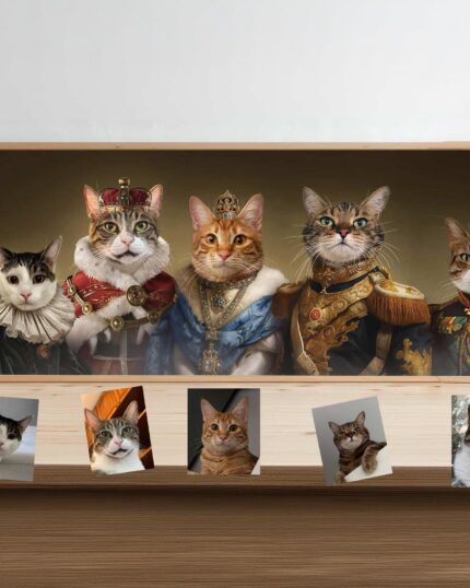 The Royal Quintet - Custom Pet Canvas turns your five cats into regal figures on a framed portrait, displayed above matching photos of your real pets, creating a majestic centerpiece for any wooden shelf.