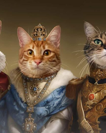 The Royal Quintet - Custom Pet Canvas features five cats in unique, royal costumes posed against a brown gradient backdrop, capturing their noble personalities with exceptional canvas printing.