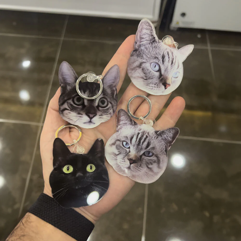 Bir el, her biri benzersiz bir kedi şeklinde olan dört adet kişiselleştirilmiş hayvan desenli pleksiglas anahtarlık tutuyor — iki gri tabby, bir yeşil gözlü siyah ve bir mavi gözlü açık gri — kendi özel tasarımınız için ilham kaynağı olarak ideal. Bir el, her biri benzersiz bir kedi şekline sahip dört adet Kişiselleştirilmiş Hayvan Desenli Pleksiglas Anahtarlık tutuyor: iki gri tabby, yeşil gözlü bir siyah ve mavi gözlü bir açık gri. Kendi özel tasarımınız için ilham kaynağı olarak ideal.