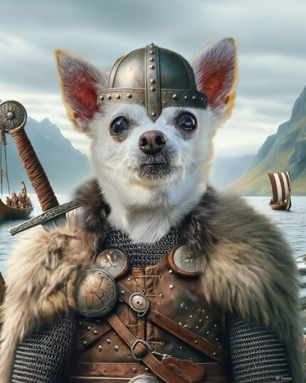 Viking – Özel Tasarım Evcil Hayvan Tuvali, evcil hayvanınızı bir fiyort kenarında korkusuz bir Viking olarak tasvir eder. Kask, zırh ve pelerinle tamamlanan bu tuval, benzersiz kişiselleştirilmiş sanat eserleri arayan evcil hayvan severler için ideal bir hediyedir.