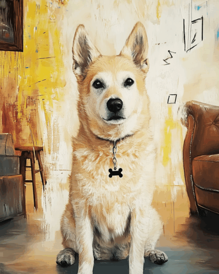 A light-colored dog with upright ears sits indoors on a gray floor, wearing a black bone-shaped tag. Surrounded by abstract yellow and white walls, it inspires the Custom Design Abstract Pet Portrait—a unique way to celebrate your pet.