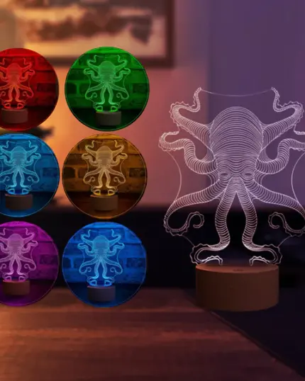 The 3D Octopus LED Night Lamp with a wooden base displays seven vibrant colors—red, green, blue, yellow, purple, cyan, and white—each highlighted in its own circle. It's a perfect complement to your pet canvas décor.