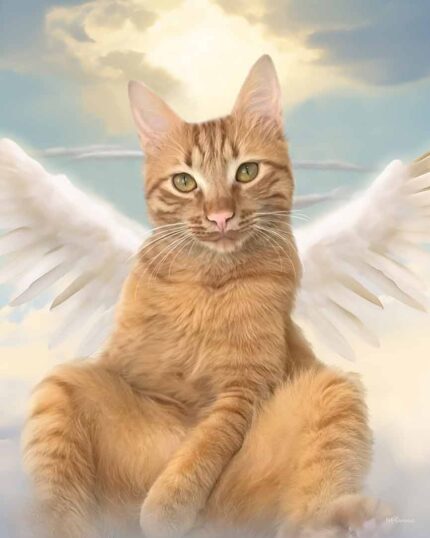 A fluffy orange tabby cat with angel wings sits in a cloudy sky, sunlight forming a halo—just like the Standing Happy Angel – Custom Design Pet Canvas, perfect for capturing your beloved companion’s spirit.