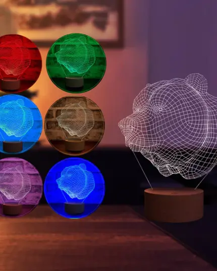 The 3D Bear Head LED Night Lamp glows in white on a table; six insets display it shining in vibrant colors, creating a cozy indoor vibe—ideal beside your favorite pet canvas or custom design pet canvas.