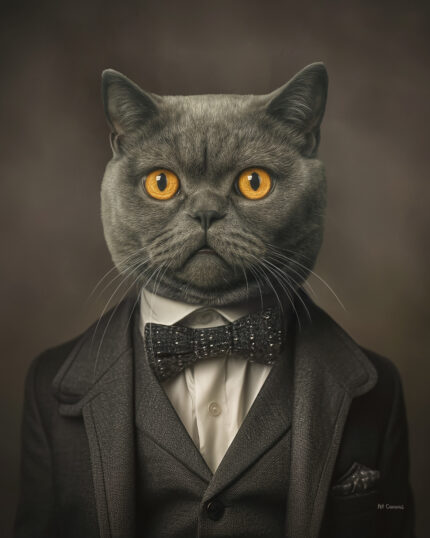 A sophisticated cat with piercing yellow eyes dressed in a tuxedo and bow tie, creating a regal, artistic look for pet lovers.