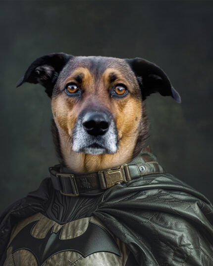 Koyu renkli bir stüdyo arka planında, detaylı Batman kostümü, pelerin ve yarasa sembolü giymiş kahverengi ve siyah bir köpek poz veriyor — The Batman's Pet – Custom Design Pet Canvas için mükemmel bir tasarım.