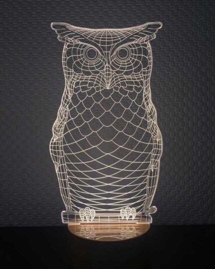 The 3D Owl LED Night Lamp, with intricate wireframe patterns, glows against a dark textured background—making it a perfect accent to enhance your custom design pet canvas art.