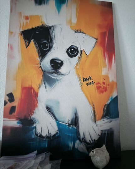 The Custom Design Abstract Pet Portrait showcases a black and white puppy with big eyes on a vibrant background, features the words "bark wag.", and includes an owl figurine for a playful, personalized canvas print.