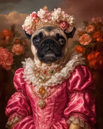 Kraliyet kıyafeti giymiş, süslü bir elbise, mücevherler ve çiçekli başlık takmış, çiçekli bir arka planın önünde duran sevimli pug köpek.