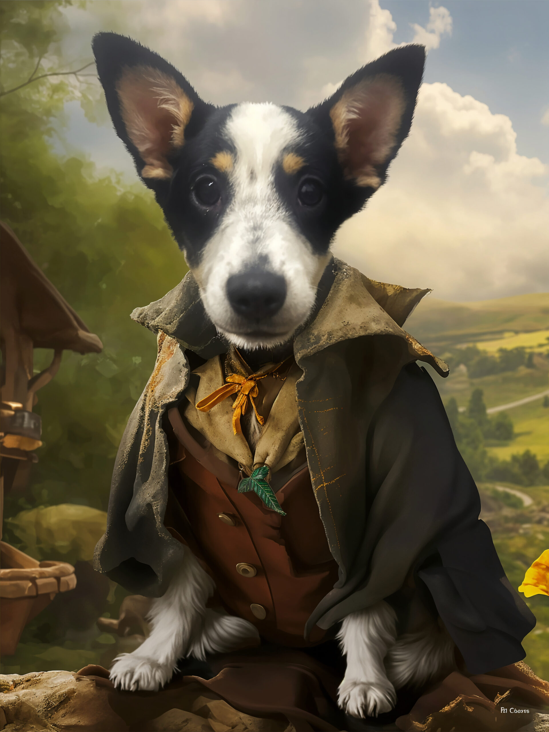 A dog with large ears, dressed in hobbit-like clothing, sits outdoors by rolling hills and a wooden structure—perfect for The Batman's Pet – Custom Design Pet Canvas.