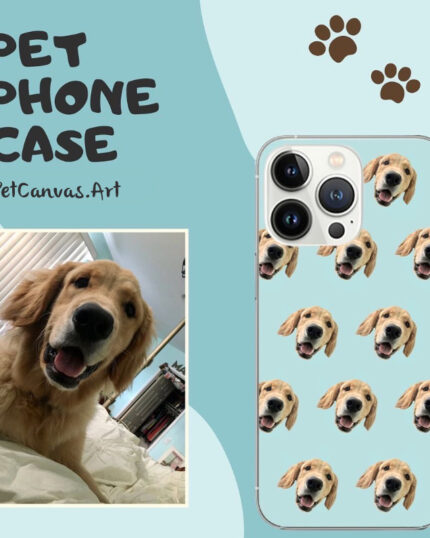 Show off your best friend with Custom Pet Phone Cases from PetCanvas.Art, featuring a happy golden retriever’s face in a repeating pattern on a light blue background with playful paw prints.