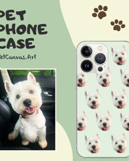 A Custom Pet Phone Case featuring a repeating white dog’s face and its photo on a car seat, in pet canvas style. “Custom Pet Phone Cases” and “PetCanvas.Art” are printed with paw prints in the background.