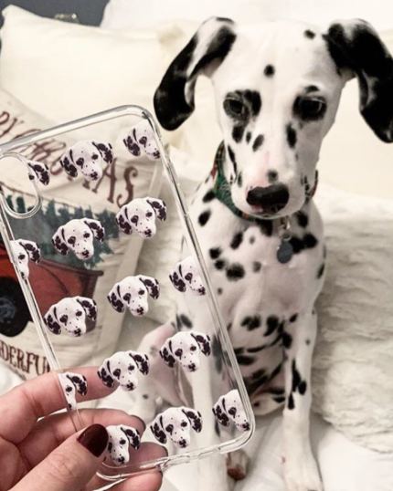 A hand holds a Custom Pet Phone Case featuring Dalmatian faces, displayed in front of a real Dalmatian on a bed, showcasing how your pet’s charm can personalize your favorite accessory.