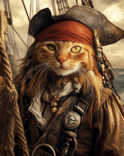 A fierce orange tabby dressed as a pirate on a ship with the sea in the background, detailed costume and striking expression.
