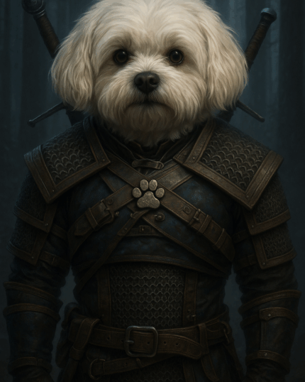Adorable dog dressed as a medieval warrior in armor with swords. Perfect for pet lovers and fantasy art enthusiasts.