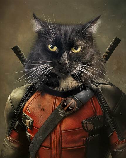 Deadpool'un Evcil Hayvanı – Özel Tasarım Evcil Hayvan Kanvasında, kılıçlar ve logosu olan kırmızı ve siyah Deadpool tarzı kostüm giymiş siyah beyaz bir kedi yer alıyor. Dekorunuza eğlenceli bir süper kahraman havası katmanın dikkat çekici bir yolu.