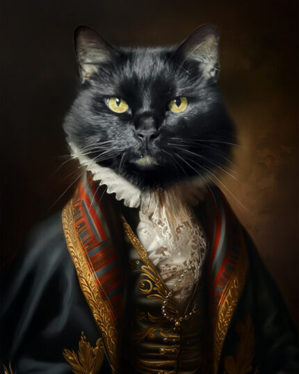 The Batman's Pet – Custom Design Pet Canvas features a black cat with yellow eyes in an ornate, gold-trimmed military uniform and ruffled collar, painted in classic portrait style—ideal for turning your pet into a historical masterpiece.