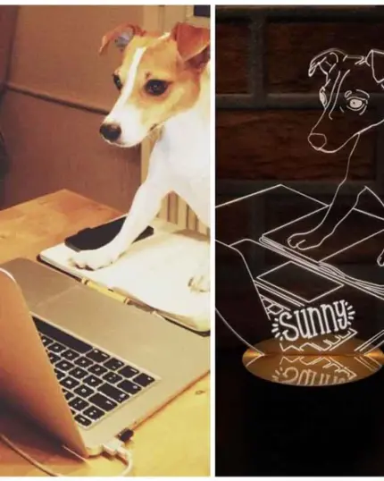 A split image shows a dog with one paw on a laptop, next to a glowing Customized Pet Lamp Design featuring the same scene—the ideal inspiration for your custom design pet canvas or unique canvas printing keepsake.