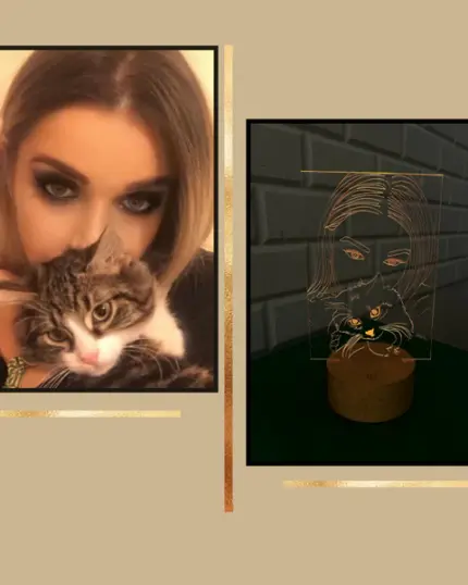A woman with bold eye makeup holds a tabby cat near her face. Next to them, the Customized Pet Lamp Design—a glowing acrylic art piece and custom pet outline on a wooden base—adds a unique touch.