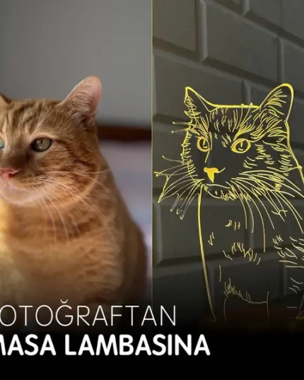 A side-by-side image shows an orange tabby cat next to a glowing yellow Customized Pet Lamp Design of the same cat against a gray brick wall. Text reads: Fotoğraftan Masa Lambasına—ideal for custom design pet canvas fans.