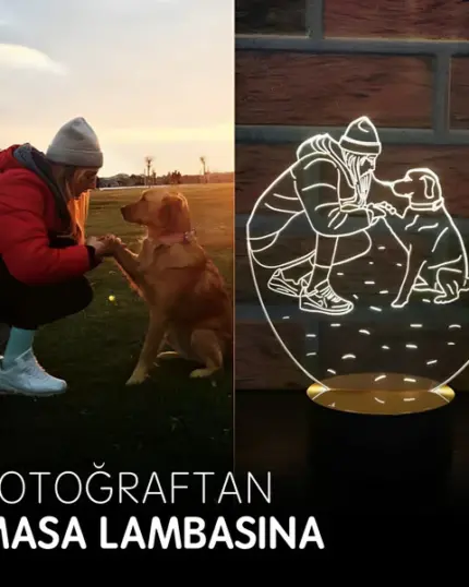 A woman kneels and holds her dog’s paw outdoors at sunset; on the right, a glowing Customized Pet Lamp Design features line art of the same scene. Text reads: Fotoğraftan Masa Lambasına. Capture your memories with a custom pet lamp.
