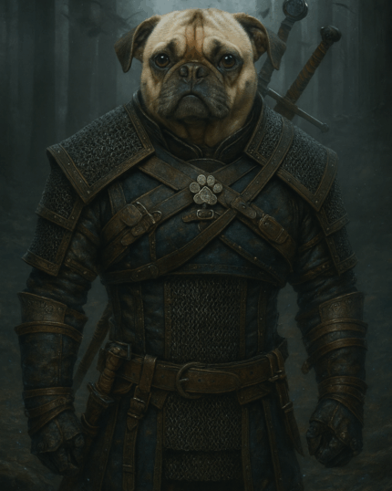 A dog dressed as a warrior with swords on his back in a mystical forest.