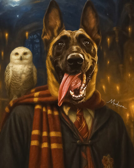 Harry Potter temalı evcil hayvan kanvas sanatı, baykuş arka planlı Harry Potter köpek portresi, Hogwarts'tan esinlenen evcil hayvan sanatı.