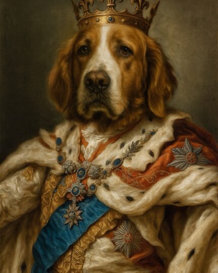 The Mighty King #7 - Custom Design Pet Canvas shows your dog in royal robes, a gold crown, medals, and a blue sash in an old-fashioned portrait style—perfect for an elegant and regal canvas print.