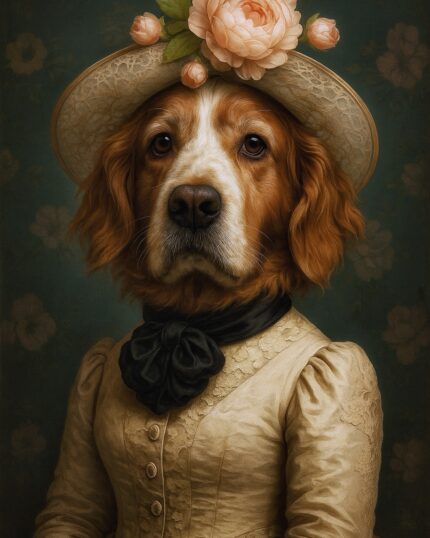 Krem rengi elbise, siyah fular ve şeftali çiçeği desenli şapka gibi vintage kıyafetler giymiş kahverengi ve beyaz bir köpek, "Golden Retriever'ın Muhteşem Bakışı - Özel Tasarım Evcil Hayvan Tuval" adlı eserde çiçek desenli bir arka plan önünde poz veriyor.
