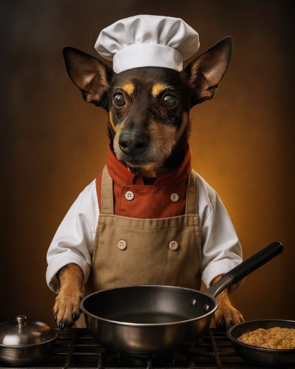 Adorable dog dressed as chef, wearing hat and apron, ready to cook in the kitchen, perfect pet-themed decor.