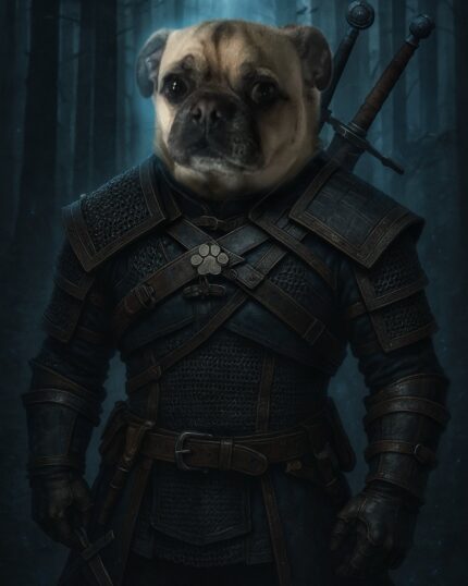 Dog dressed as a fantasy warrior with swords in a dark forest background.