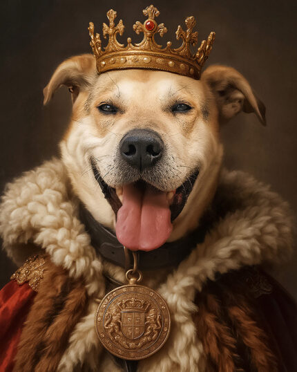 Taç ve kraliyet pelerini ile köpek portresi.