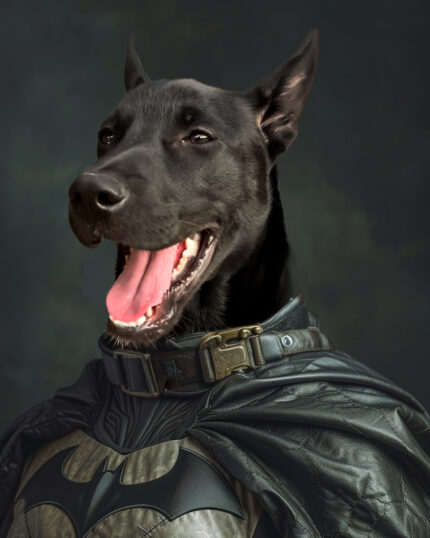Sivri kulaklı siyah bir köpek, karanlık bir arka plan üzerinde yarasa amblemli süper kahraman kostümü giyiyor — "The Batman's Pet – Custom Design Pet Canvas" veya benzersiz evcil hayvan kanvas baskısı için ideal.
