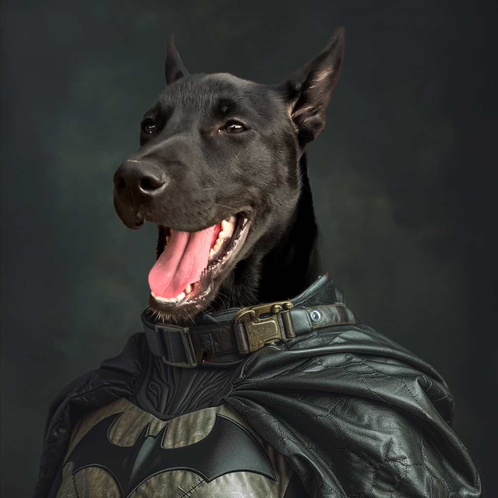 A black dog with pointed ears wears a bat-emblem superhero costume against a dark background—ideal for "The Batman's Pet – Custom Design Pet Canvas" or unique pet canvas printing.