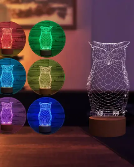 The 3D Owl LED Night Lamp glows in six vibrant colors, features a wooden base, and makes a perfect accent for your space—pair it with custom pet canvas décor for a unique touch.