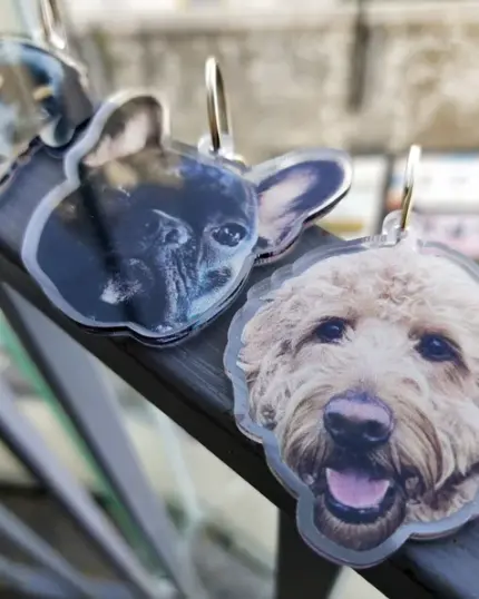 Three Personalized Animal Printed Plexiglass Keychains with dog face cutouts hang on a metal railing, set against a blurred outdoor background—perfect inspiration for your next custom pet canvas or canvas printing project.