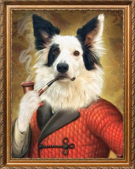 The Custom Design Canvas Painting – Rich Playboy features a dog in a red quilted jacket and smoking pipe, set in an ornate gold frame—a vintage, aristocratic canvas perfect for those who love unique pet art.