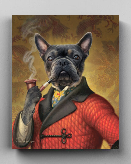 A French bulldog in a red quilted coat, yellow vest, and polka-dot cravat holds a pipe and poses regally against a gold-patterned background—featured in the Custom Design Canvas Painting – Rich Playboy.