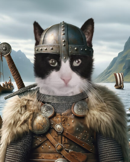 Viking savaşçısı kıyafeti giymiş siyah beyaz bir kedi, gemiler ve dağların bulunduğu bir fiyortun yanında duruyor. Bu görüntü, benzersiz kanvas baskılar için mükemmel bir seçim olan "The Viking – Özel Tasarım Evcil Hayvan Kanvası"nda yakalanmış.