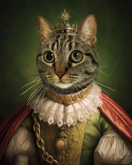 The Noble Lady #18 - Custom Design Pet Canvas features a tabby cat with large eyes in royal attire—an ornate crown, gold and white ruffled collar, and red-green robe—all set against a dark green background.