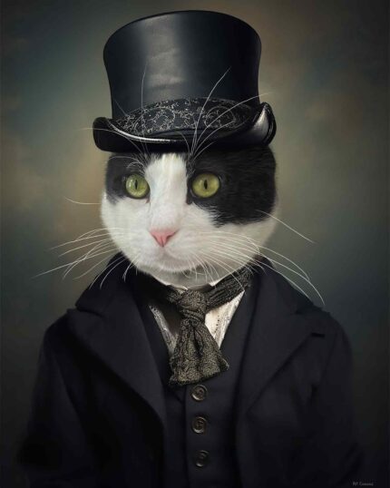 The Aristocrat #6 – Custom Design Pet Canvas features a black and white cat in Victorian attire with a top hat, suit, and cravat against a dark background—ideal for unique pet canvas art or personalized canvas printing.