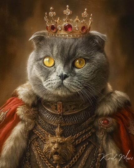 Taç, asil kıyafet, lüks pelerin ve aslan kolye ucu ile görkemli kedi, evcil hayvan sanatı için asil portre.