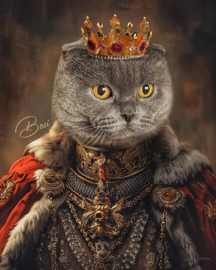 Kraliyet tacı ve süslü mücevherler takan, kral veya kraliçe gibi giyinmiş, cildi kraliyet kostümüyle kusursuz bir şekilde uyum içinde olan görkemli gri kedi.