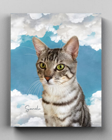 The Pop Art – Sky & Cloud Custom Pet Painting features a gray tabby cat with green eyes against a blue sky with white clouds, with "Garsh" in cursive at the bottom left—perfect for custom pet canvas printing.