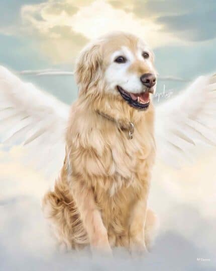 The “Standing Happy Angel – Custom Design Pet Canvas” features a golden retriever with angel wings sitting on clouds under a bright sky, creating a serene and heavenly look—ideal for unique and personalized canvas printing.