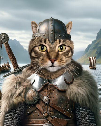 The Viking – Özel Tasarım Evcil Hayvan Tuvaliyle kedinizin maceracı ruhunu sergileyin: metal miğfer ve zırhıyla Viking savaşçısı kılığına girmiş kediniz, gemiler ve dağlarla dolu dramatik bir fiyort manzarası önünde poz veriyor.